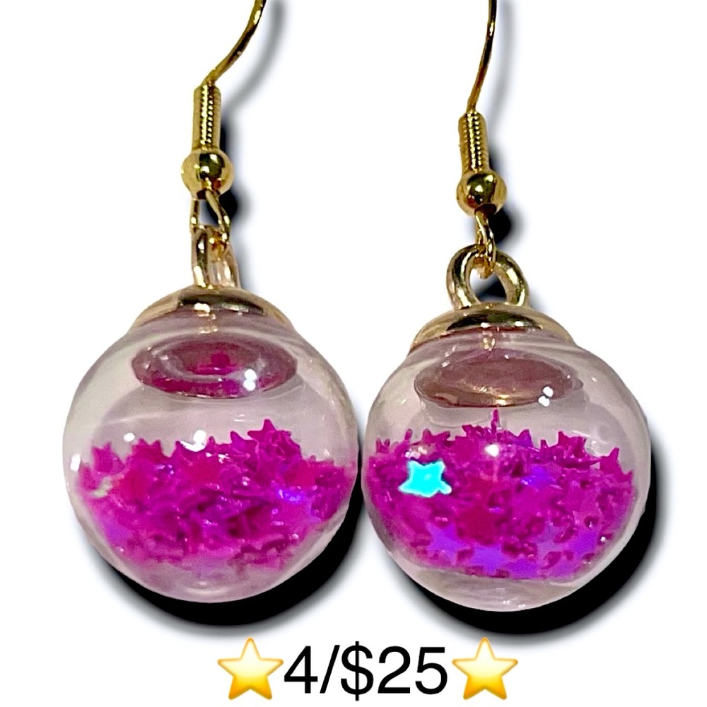 Handmade Fuchsia Star Orb Earrings w/ Gold Plated S925 Sterling Silver Hooks